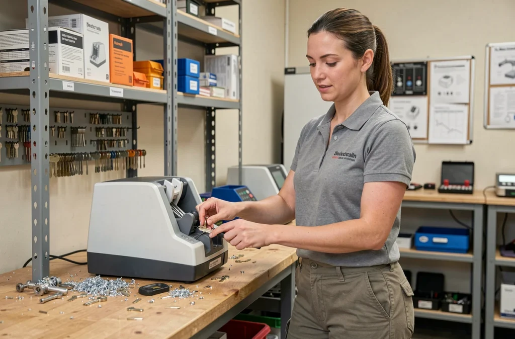 Technicienne de A2l Warsmann réalisant une copie de clé sur machine professionnelle dans un atelier de serrurerie