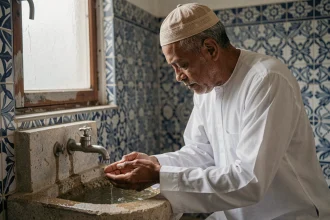 Homme effectuant les ablutions rituelles avant la prière dans une mosquée de Douai