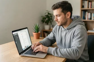 Homme utilisant un navigateur en mode privé sur un ordinateur portable pour accéder discrètement à un espace membre en ligne