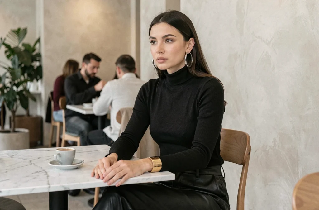Jeune femme en café portant de grandes boucles d'oreilles métalliques argentées et un bracelet manchette doré avec une tenue noire épurée