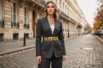 Femme élégante portant une ceinture dorée métallisée et des colliers en chaîne argentés sur une tenue tailleur dans une rue parisienne