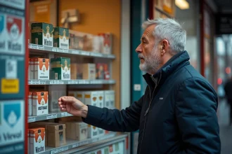 Un homme achetant un paquet de cigarettes Winston dans un kiosque à tabac en Allemagne avec les prix affichés