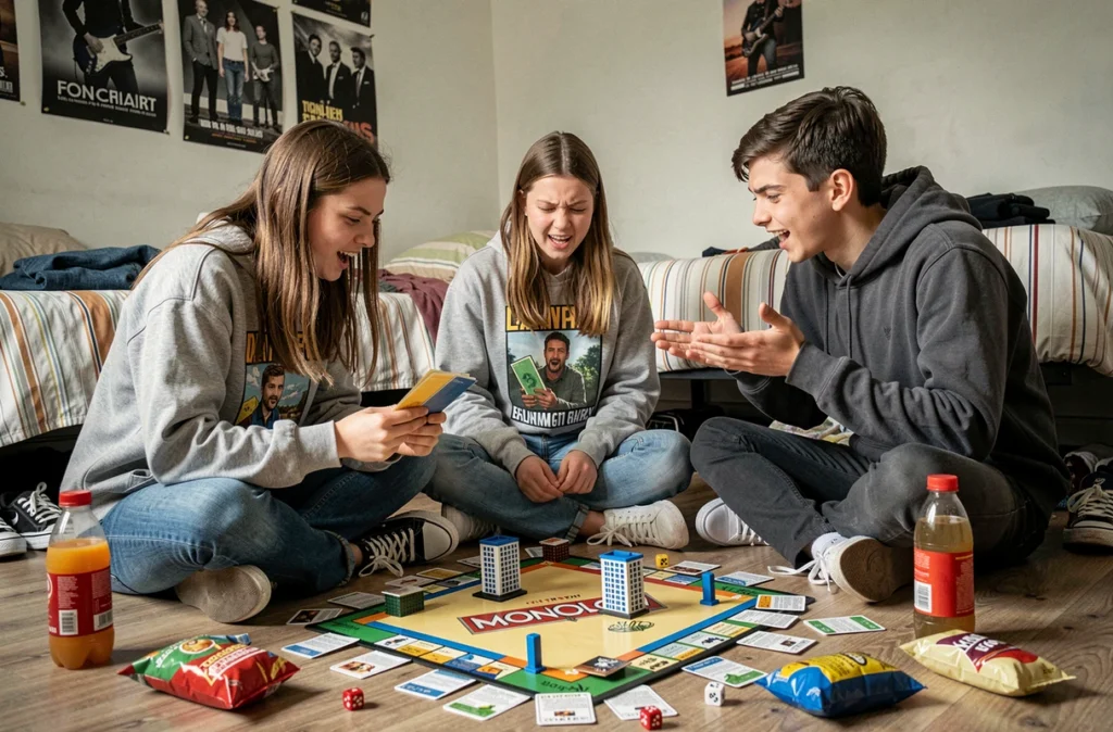 Trois adolescents jouant au Monopoly par terre dans une chambre décontractée et colorée