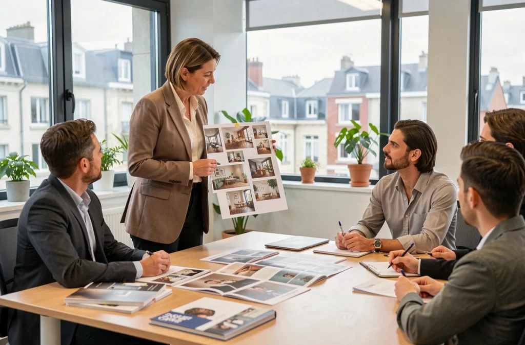 Directrice créative présentant un tableau d'inspiration à son équipe dans un bureau moderne à Nantes pour Agence 106