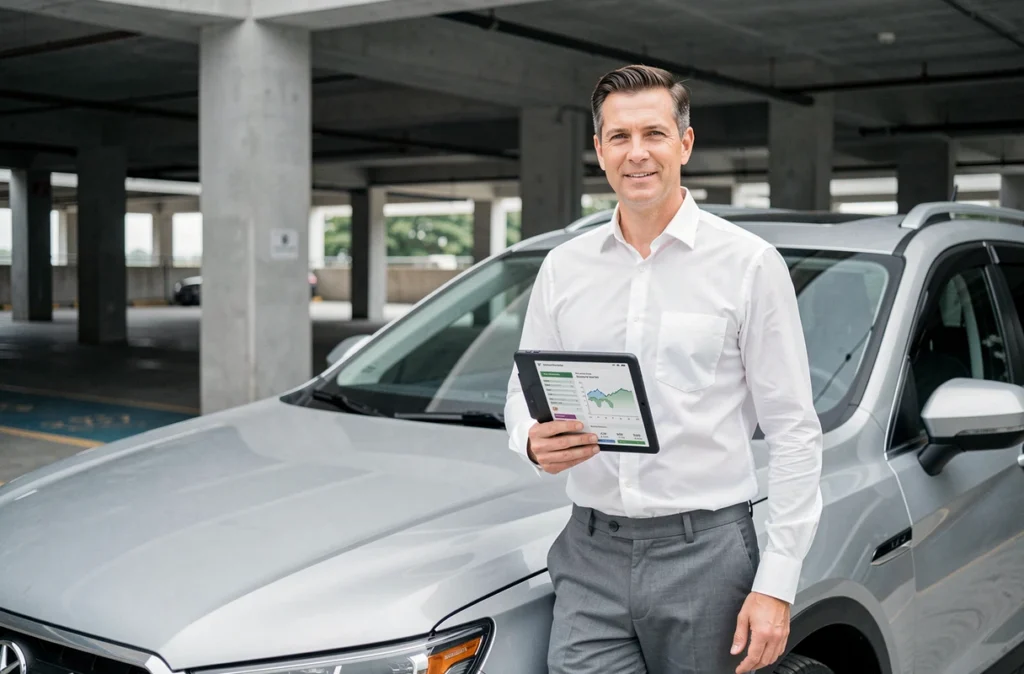 Agent d'assurance tenant une tablette affichant des données de diagnostic d'une voiture connectée dans un parking urbain