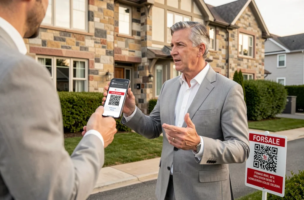 Agent immobilier présentant une annonce digitale sur smartphone devant une maison à vendre avec QR code