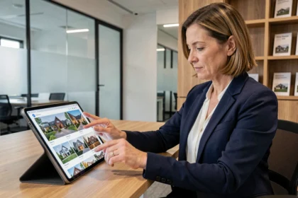 Agente immobilière consultant des annonces sur tablette tactile dans une agence moderne et digitalisée