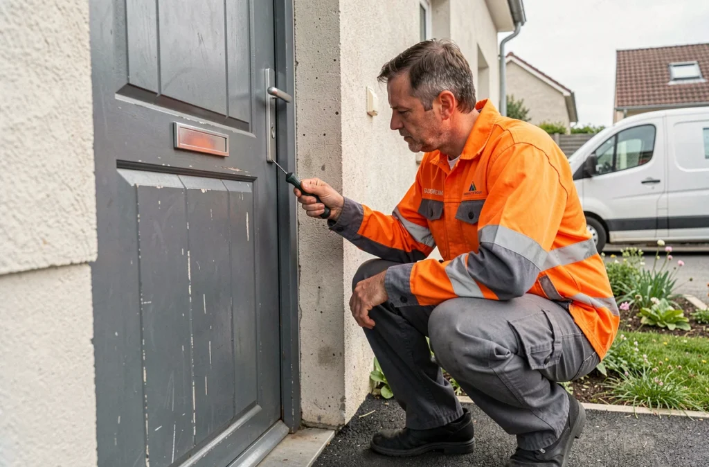 Serrurier d'Alerte Serrures 08 en action devant une porte d'entrée sécurisée dans une maison des Ardennes