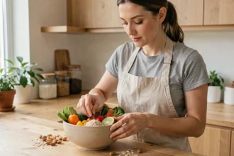 Femme préparant un bol nutritif de légumes et céréales complètes pour réduire le stress au quotidien
