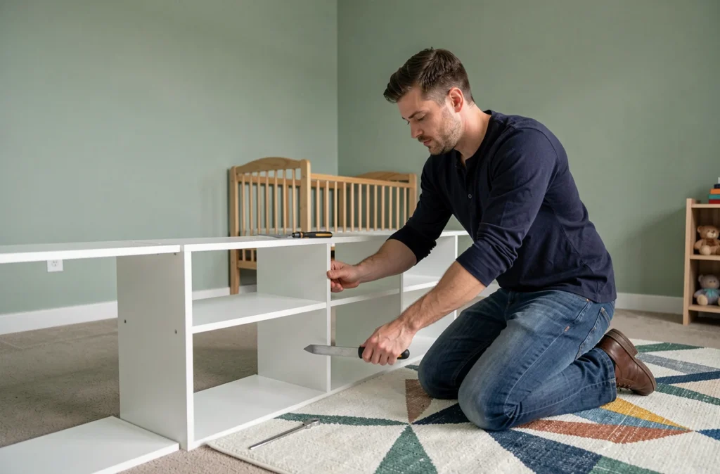Père assemblant une étagère basse dans une chambre de bébé aménagée avec des couleurs douces et un mobilier adapté aux jeunes enfants