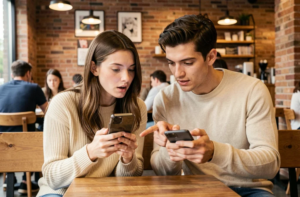 Deux amis consultant des applications de scans manga dans un café pour trouver un chapitre manquant de Just Friends