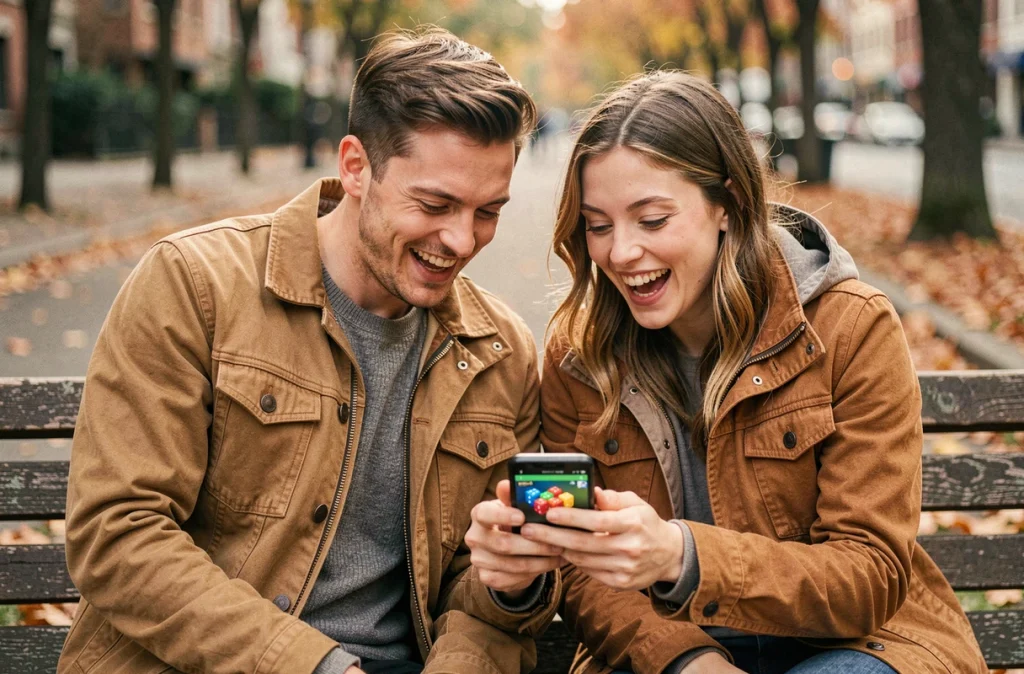 Deux amis assis sur un banc de parc regardant ensemble l'écran d'un smartphone affichant une application de jeu Monopoly Go