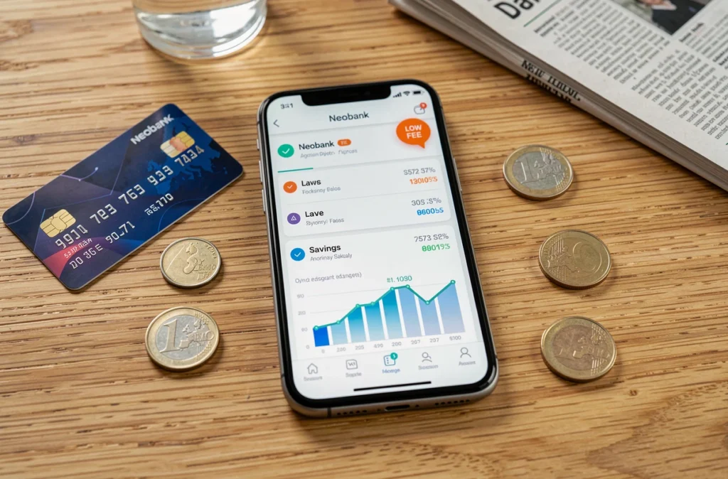 Smartphone affichant une application bancaire numérique avec des frais réduits, posé sur une table en bois avec des pièces d'euro
