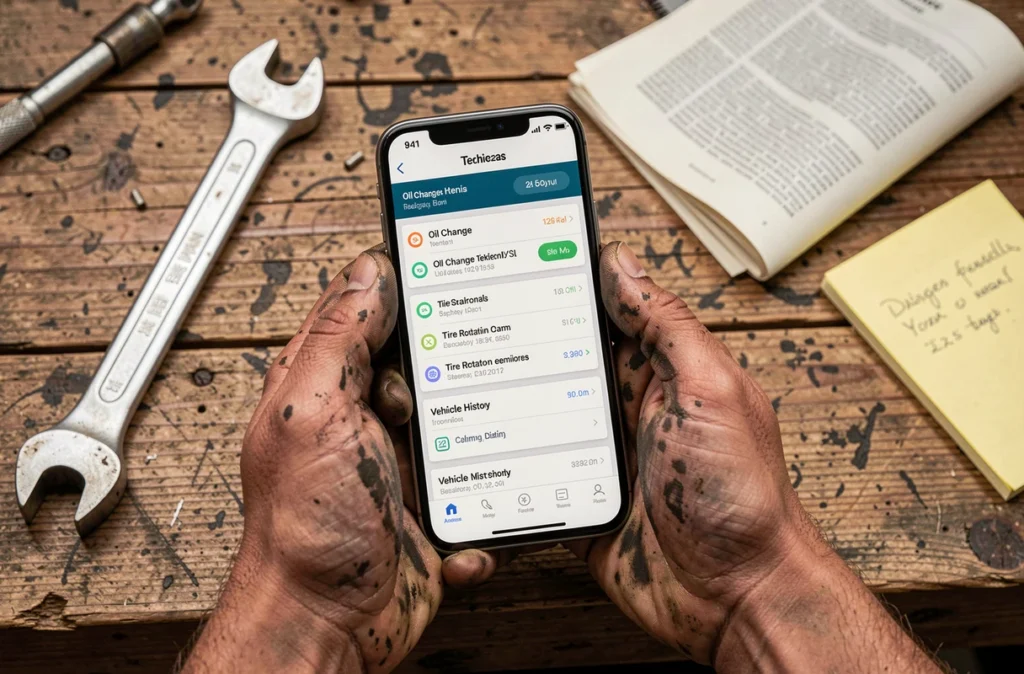 Mains de mécanicien tenant un smartphone affichant une application de gestion d'entretien auto sur un établi d'atelier