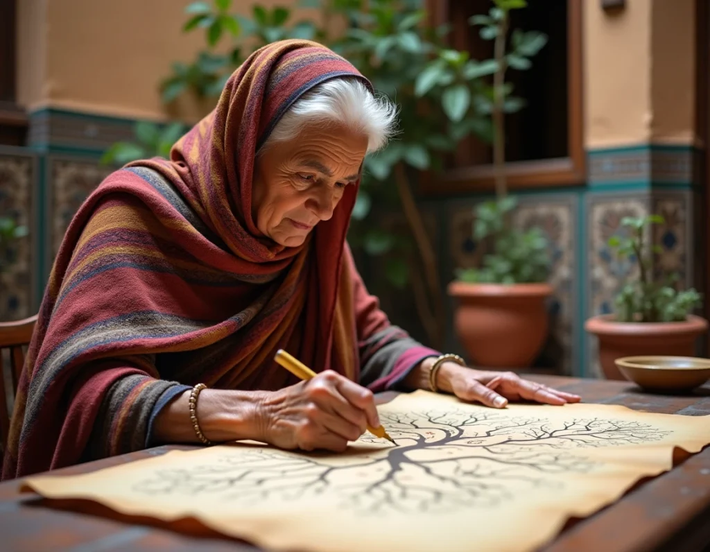 Femme âgée maghrébine retraçant l'arbre généalogique de sa famille dans un patio traditionnel orné de zellige