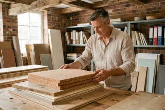 Architecte examinant des matériaux écologiques comme le liège et le bois recyclé dans un atelier de rénovation
