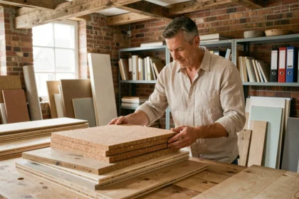Architecte examinant des matériaux écologiques comme le liège et le bois recyclé dans un atelier de rénovation