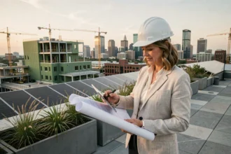 Architecte femme sur un toit végétalisé en ville examinant des plans d'un bâtiment à architecture durable avec panneaux solaires