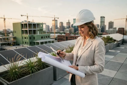 Architecte femme sur un toit végétalisé en ville examinant des plans d'un bâtiment à architecture durable avec panneaux solaires