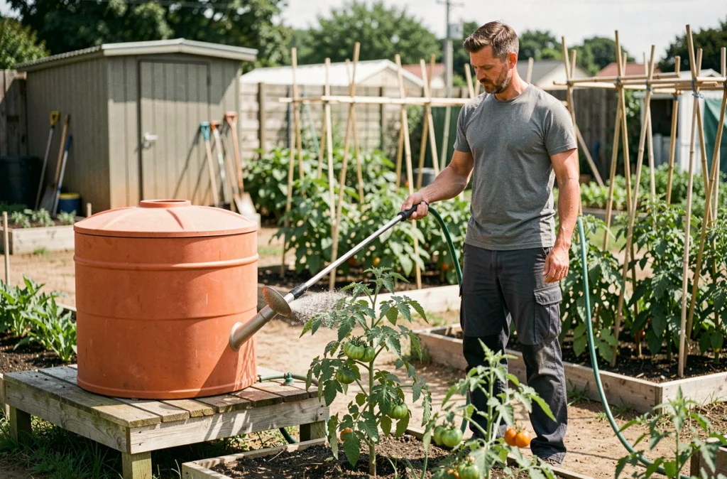 Homme arrosant des plants de tomates au jardin ouvrier grâce à un système de récupération d'eau de pluie surélevé
