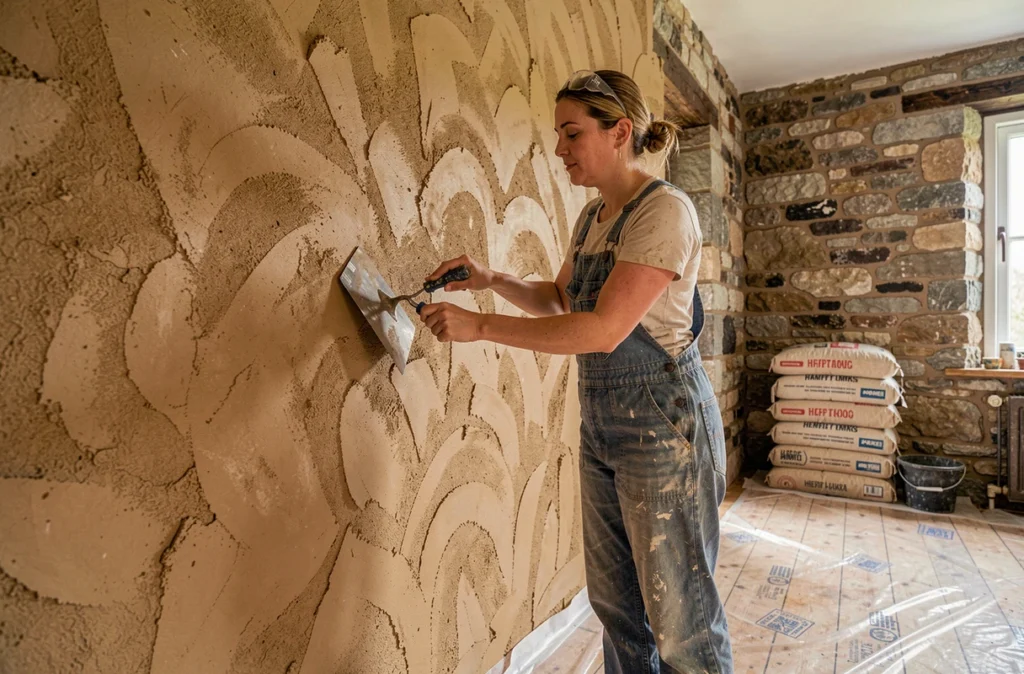 Artisane appliquant un enduit en argile naturelle sur un mur lors d'une rénovation écologique intérieure
