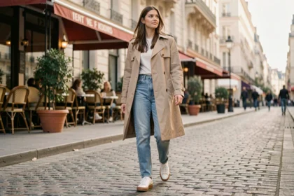 Jeune femme portant des baskets rétro blanches en cuir avec un look urbain parisien composé d'un jean droit et d'un trench beige