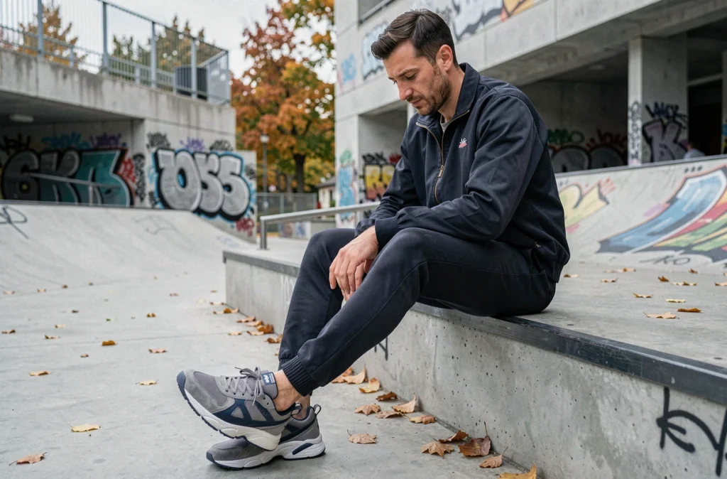 Homme assis dans un skatepark urbain avec des baskets rétro running chunky grises et marine, style années 80