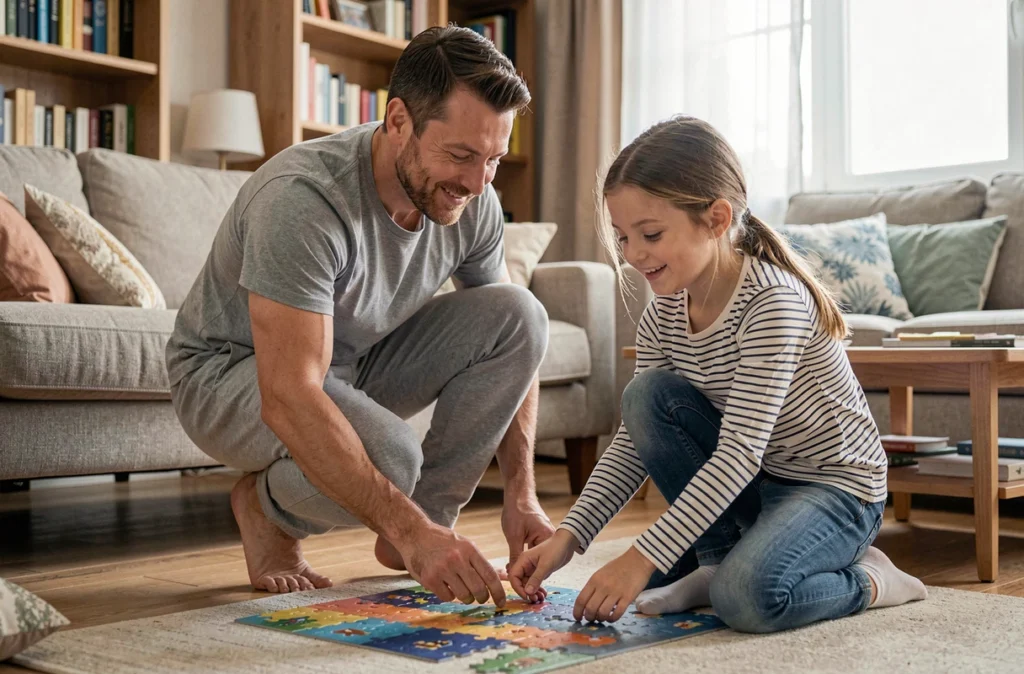 Beau-père et belle-fille jouant ensemble à un puzzle dans un salon familial confortable