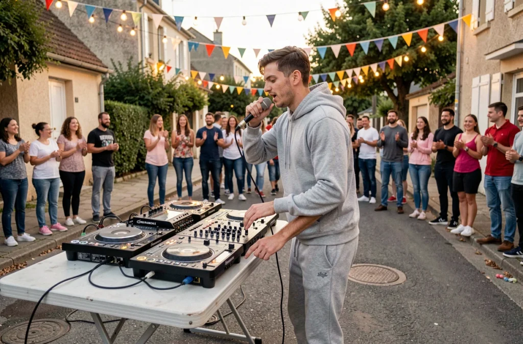 Benjisupra Servi animant une fête de quartier en plein air avec micro et platines portables