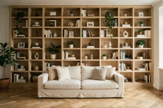 Bibliothèque sur mesure en chêne clair intégrée dans un salon moderne avec parquet en chevrons et canapé en lin crème
