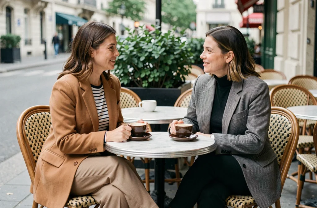 Deux femmes portant des blazers oversize camel et carreaux gris en terrasse de café parisien, style polyvalent jour et soir