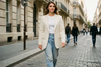 Femme portant un blazer oversize crème en journée dans une rue parisienne, style casual chic