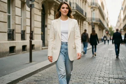 Femme portant un blazer oversize crème en journée dans une rue parisienne, style casual chic