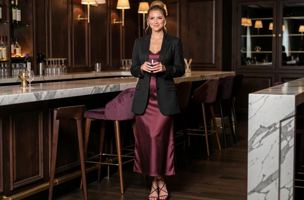 Femme en blazer oversize noir et robe satin bordeaux dans un bar chic en soirée, look élégant et moderne