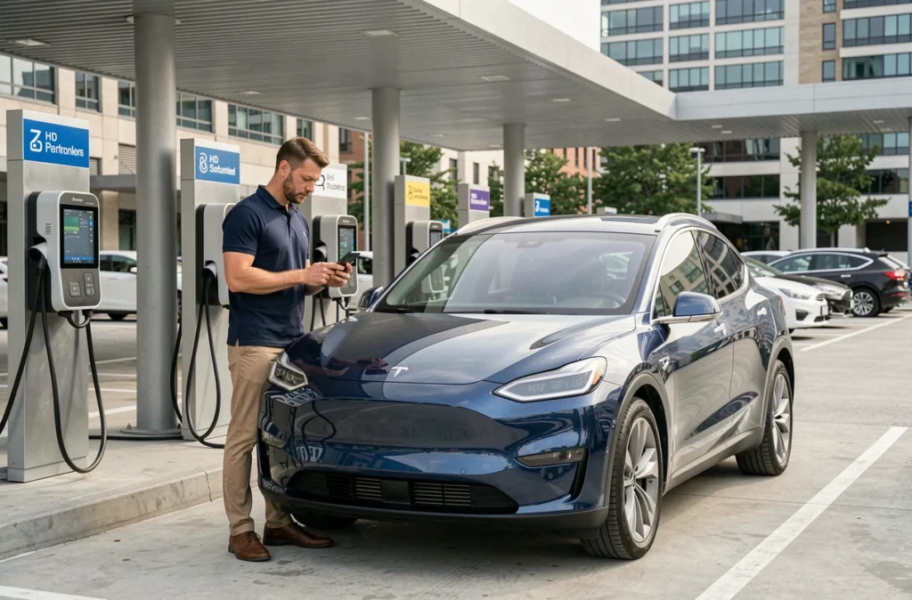 Un homme consulte son smartphone à côté de son SUV électrique branché à une borne de recharge publique dans un parking urbain moderne