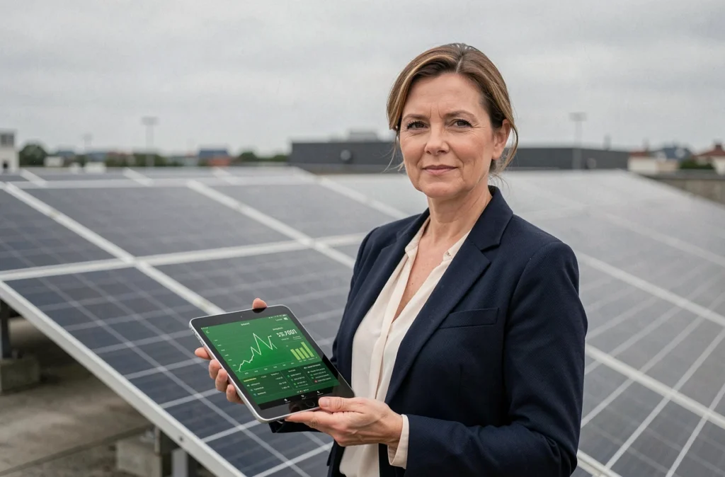 Femme cadre devant des panneaux solaires sur un toit industriel illustrant la transition énergétique en entreprise