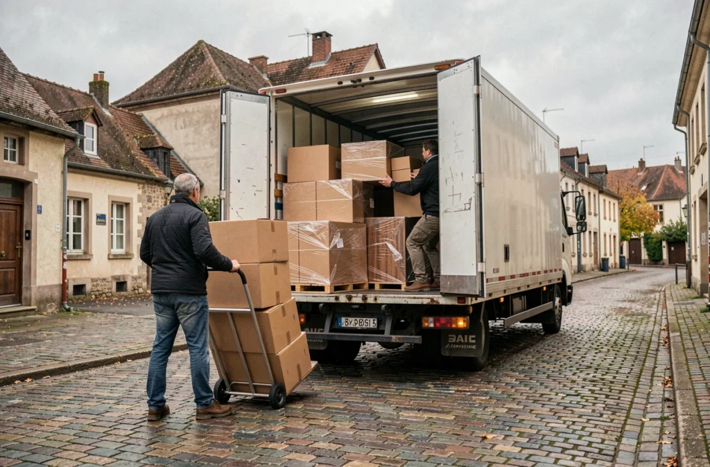 Équipe de déménagement chargeant des cartons et meubles dans un camion blanc sur une rue pavée d'une ville de Meurthe-et-Moselle