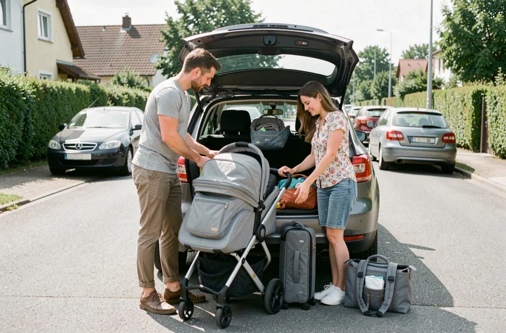 Couple chargeant le coffre d'une voiture avec une poussette et des bagages pour partir en vacances avec un bébé