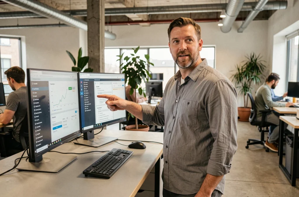 Chef d'entreprise TPE debout devant des écrans de tableaux de bord de sécurité réseau dans un espace de coworking