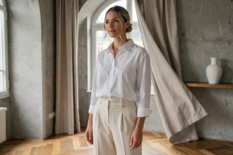 Femme en chemise blanche oversize et pantalon crème dans un appartement parisien minimaliste, style intemporel revisité