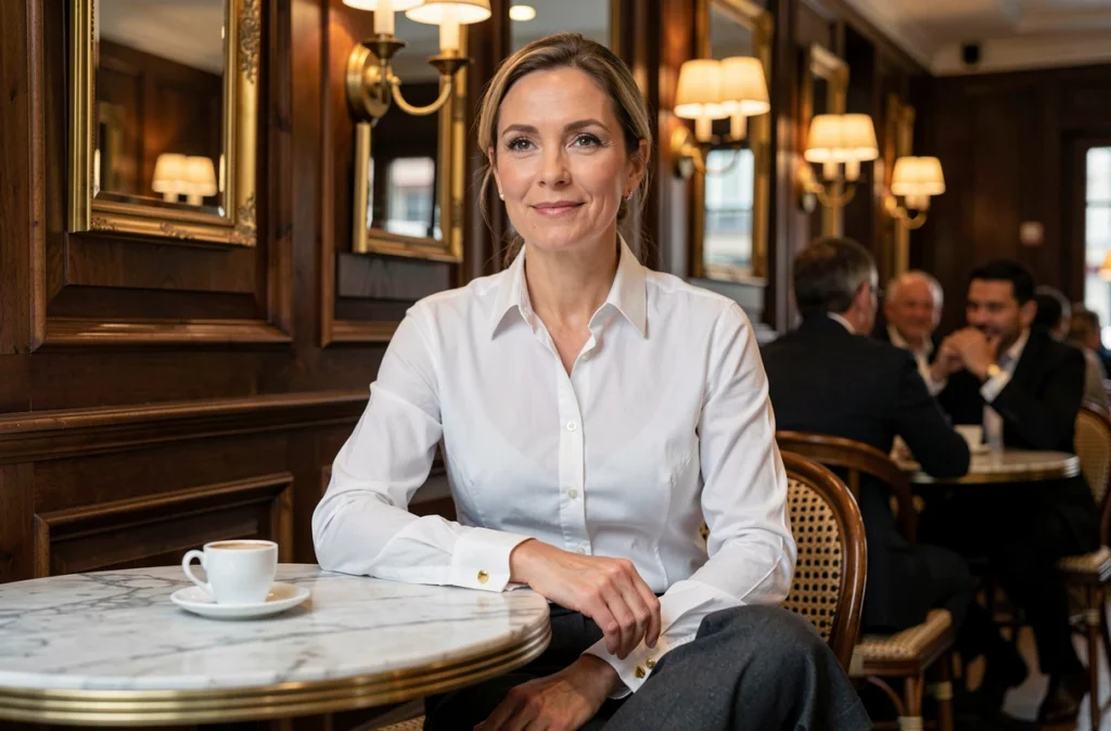 Femme élégante en chemise blanche à poignets français assise dans une brasserie parisienne, style classique intemporel revisité