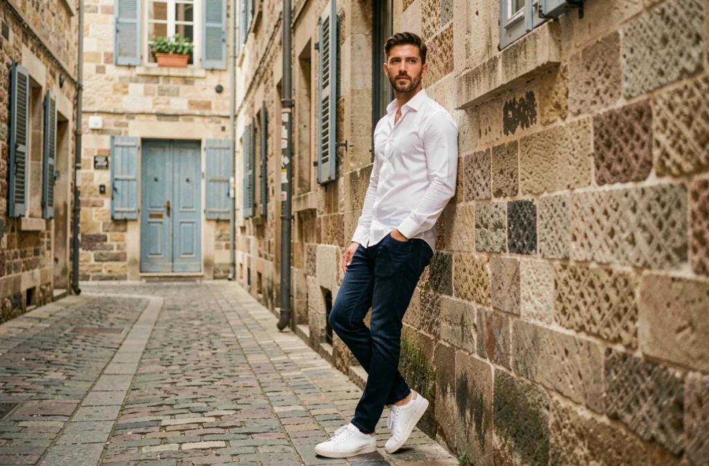 Homme en chemise blanche slim non rentrée et jean indigo dans une ruelle pavée européenne, look casual chic intemporel