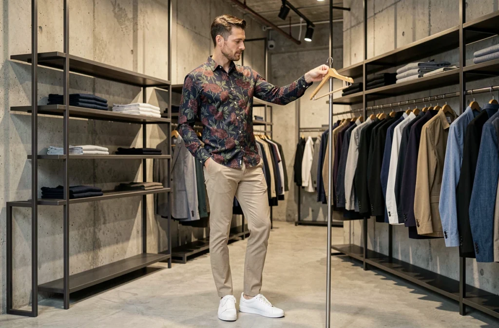 Homme en chemise à motifs fleuris feuilletant des vêtements dans une boutique de mode masculine contemporaine