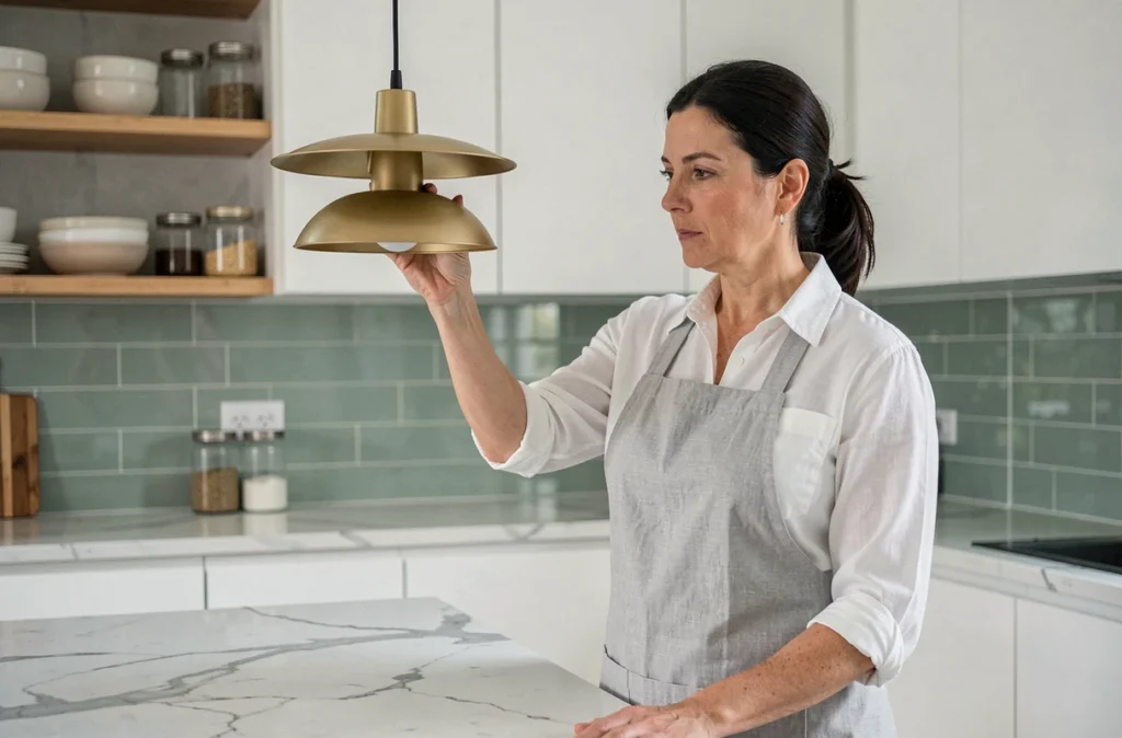 Femme choisissant un luminaire suspendu adapté à sa cuisine moderne