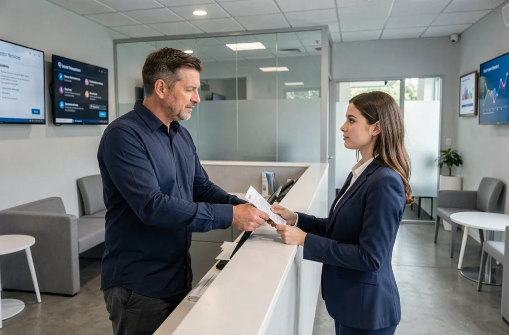 Client discutant de frais bancaires réduits avec un conseiller dans une agence bancaire moderne