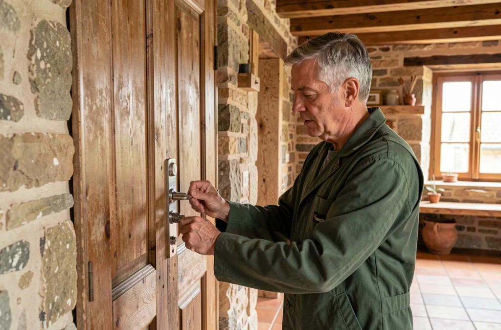 Colin Laurent, serrurier, installant une nouvelle serrure sur une porte en chêne dans une maison de caractère ardennaise