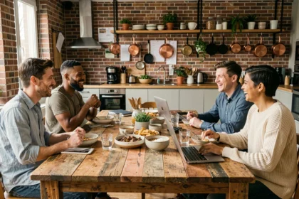 Jeunes actifs partageant un repas convivial dans un espace coliving moderne avec cuisine ouverte en briques apparentes