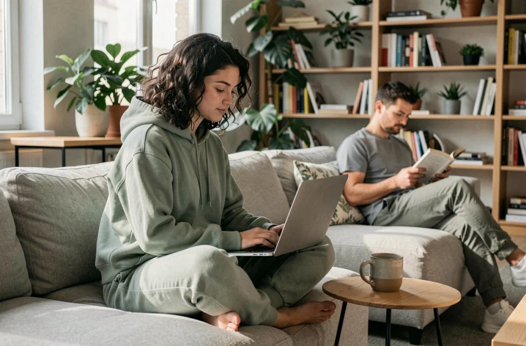 Jeune femme active travaillant sur son ordinateur dans le salon partagé d'un coliving lumineux et cosy