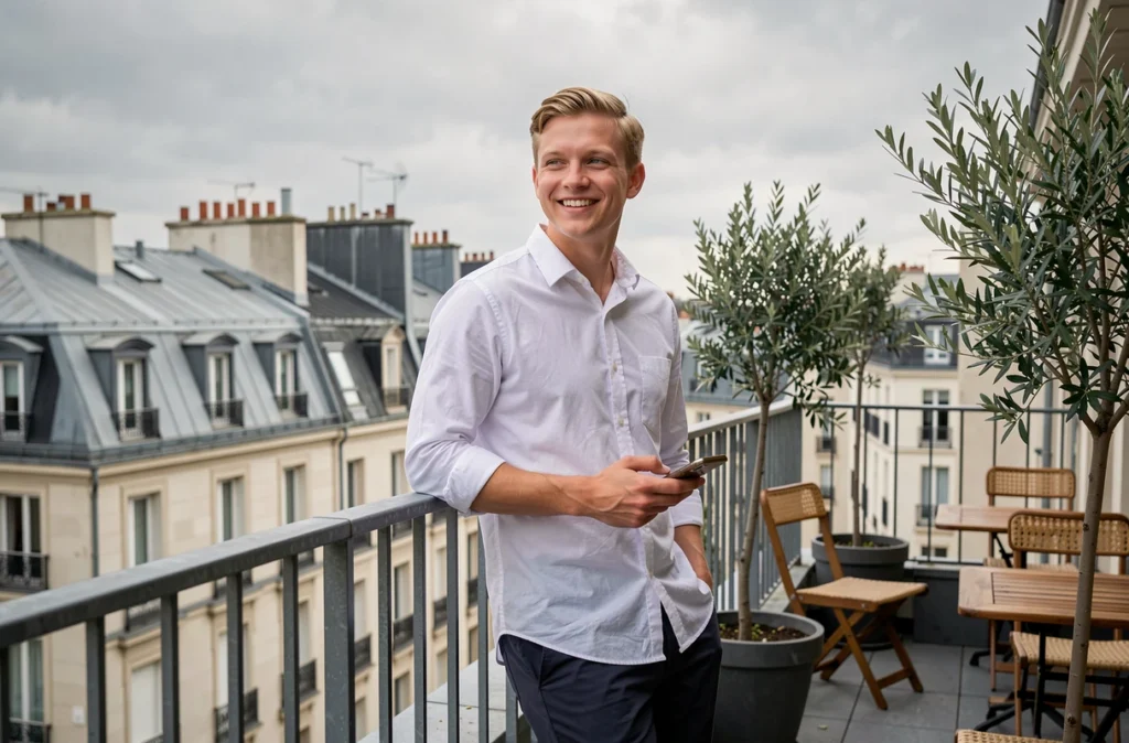 Jeune professionnel détendu sur la terrasse partagée d'un immeuble coliving avec vue sur les toits parisiens