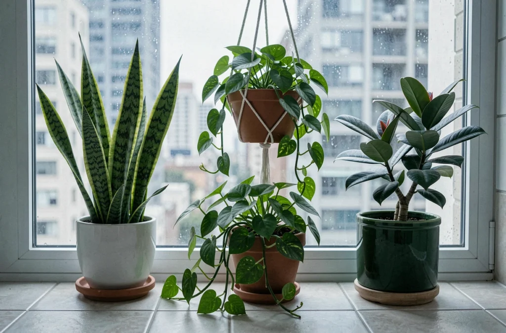 Collection de plantes dépolluantes snake plant pothos et ficus sur un rebord de fenêtre dans une cuisine urbaine moderne